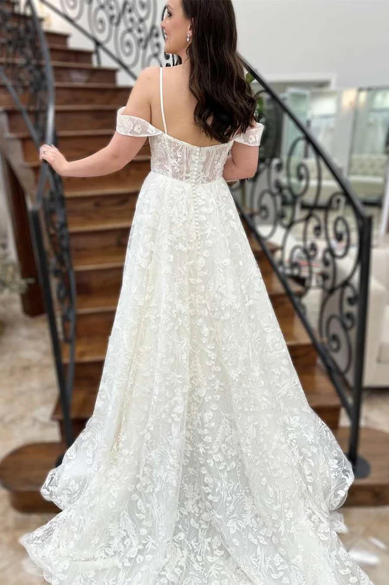 Robe de mariée trapèze en dentelle florale avec traîne